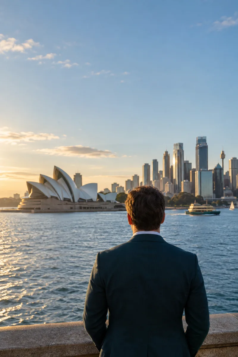 A professional looking across Sydney Harbour towards the Opera House